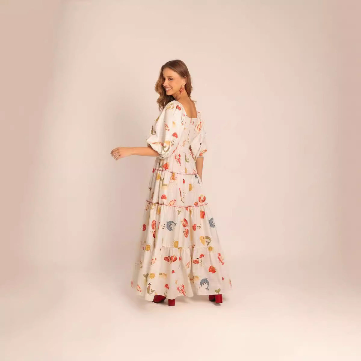 Floral Puff Sleeve Swing Dress – Square Neck Beach Holiday Wear