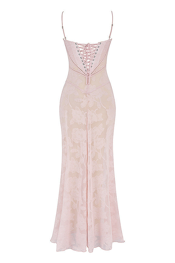 Elegant Floral Long Dress – Luxe Lace-Up Evening Gown