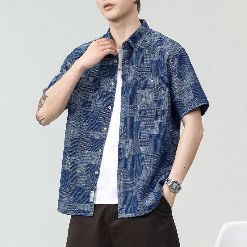 Men's Loose Fit Cargo Denim Short Sleeve Shirt
