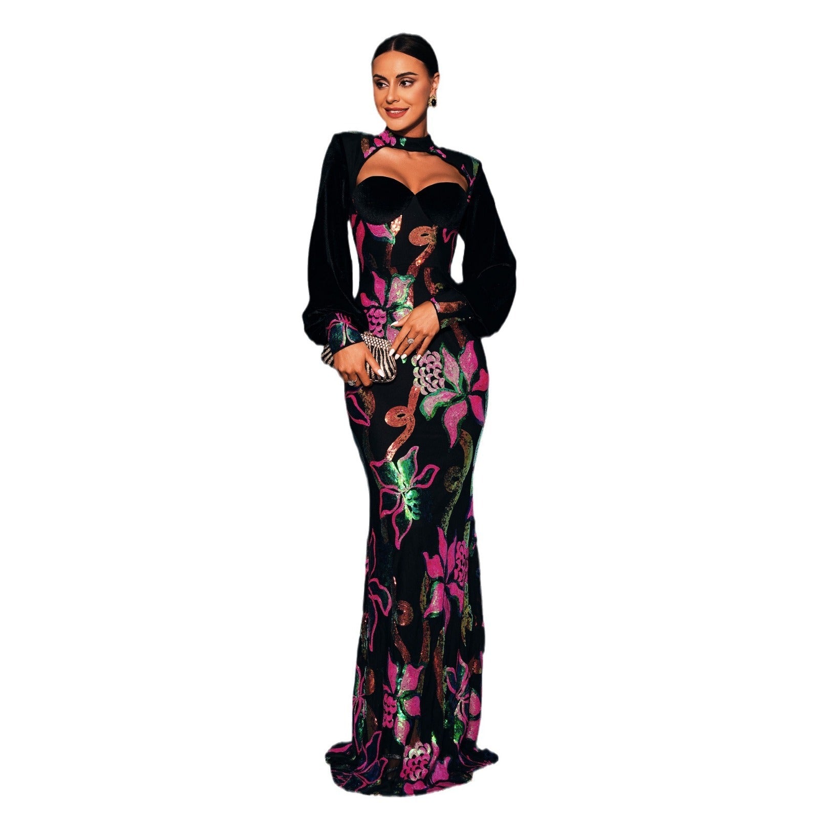 "LuxeGlow Sequined Evening Gown – Elegant & Timeless"