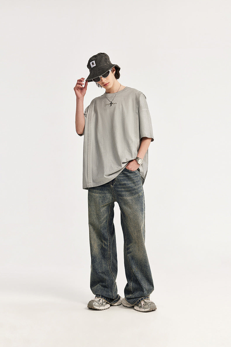 Retro Cat Beard Distressed Wide-Leg Jeans – Vintage Baggy Streetwe