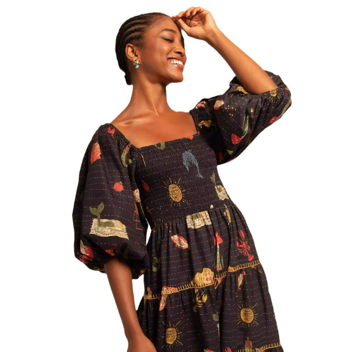 Floral Puff Sleeve Swing Dress – Square Neck Beach Holiday Wear