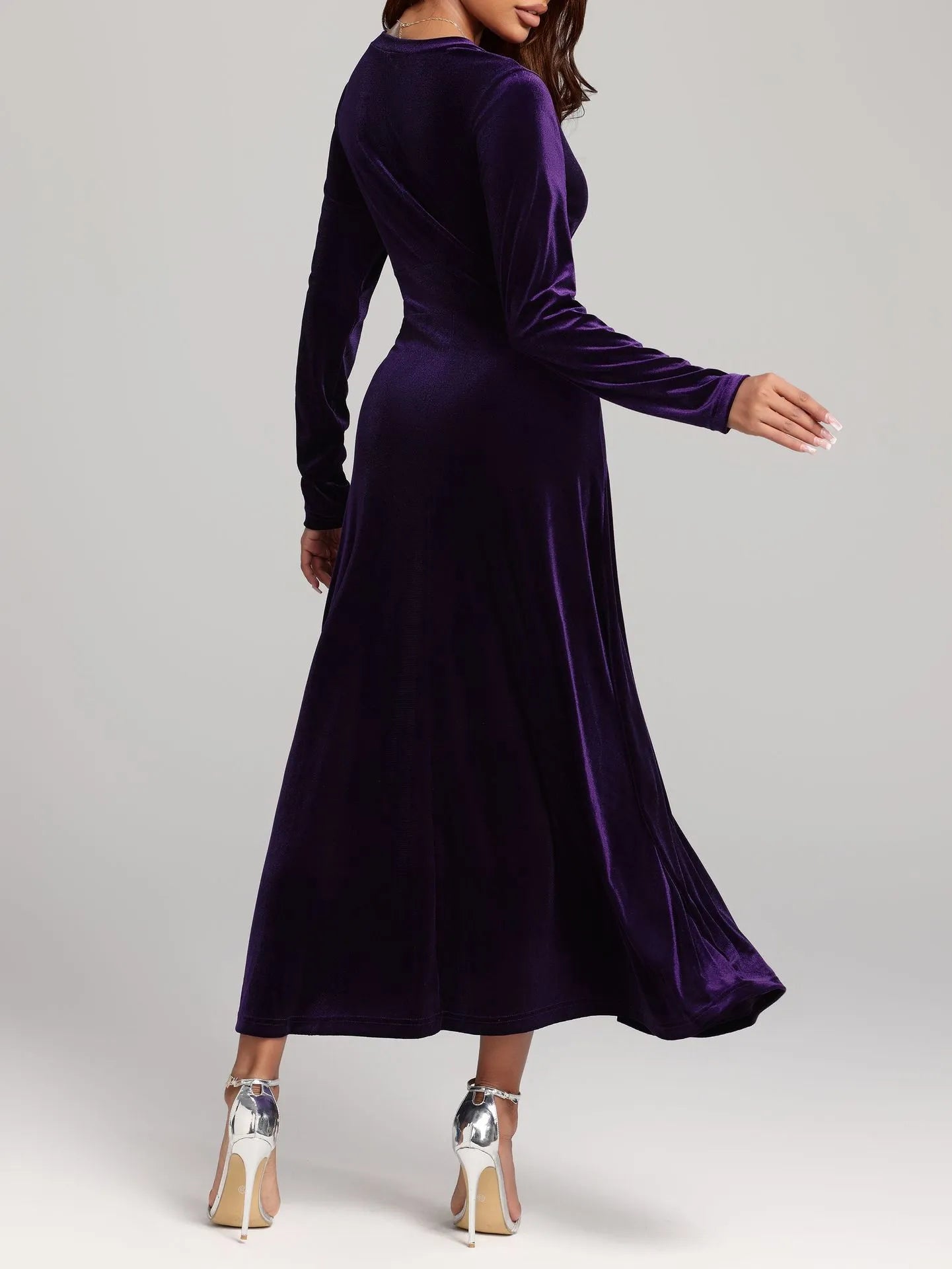 Elegant V-Neck Velvet Evening Dress - Long Sleeve Party Dress