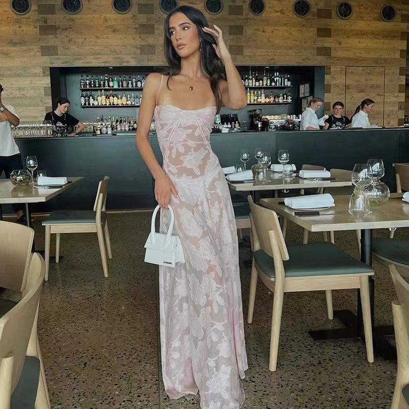 Elegant Floral Long Dress – Luxe Lace-Up Evening Gown