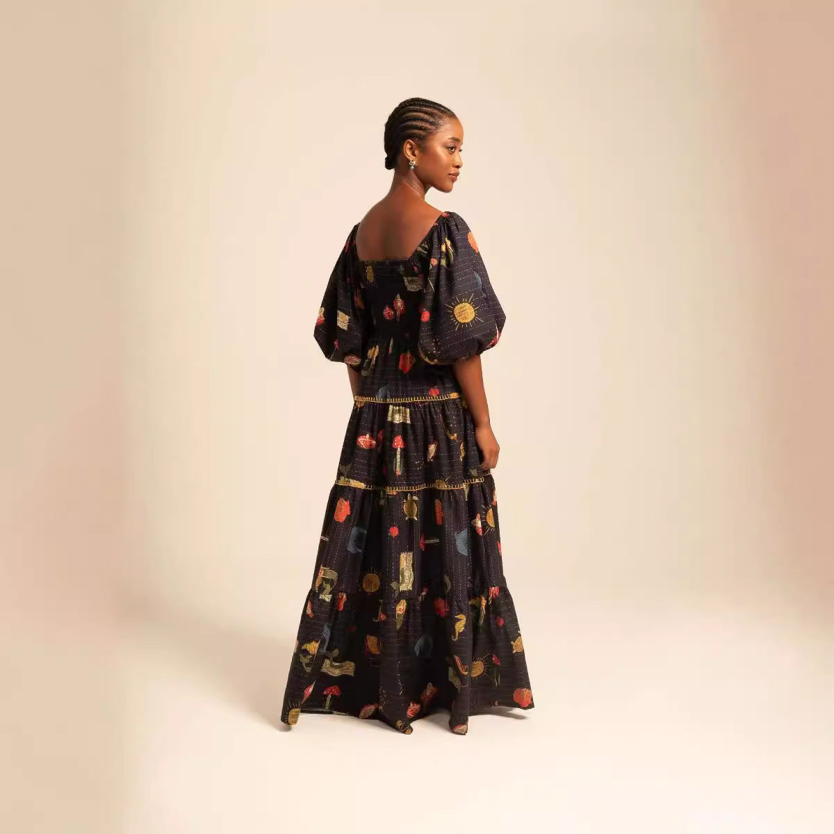 Floral Puff Sleeve Swing Dress – Square Neck Beach Holiday Wear
