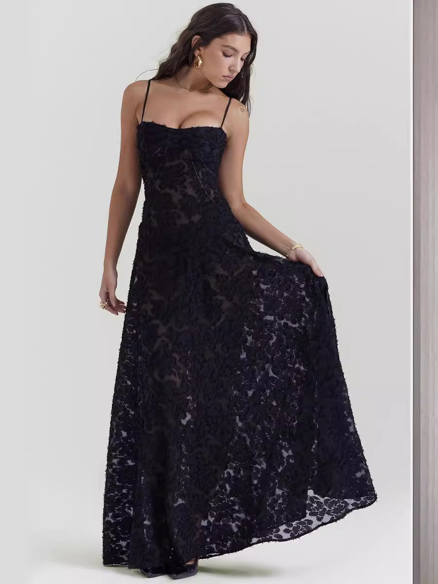 Elegant Floral Long Dress – Luxe Lace-Up Evening Gown