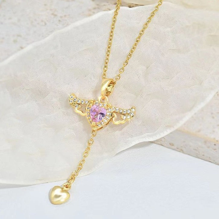 Cupid Heart Angel Wings Tassel Necklace – Romantic Crystal Pendant for Women