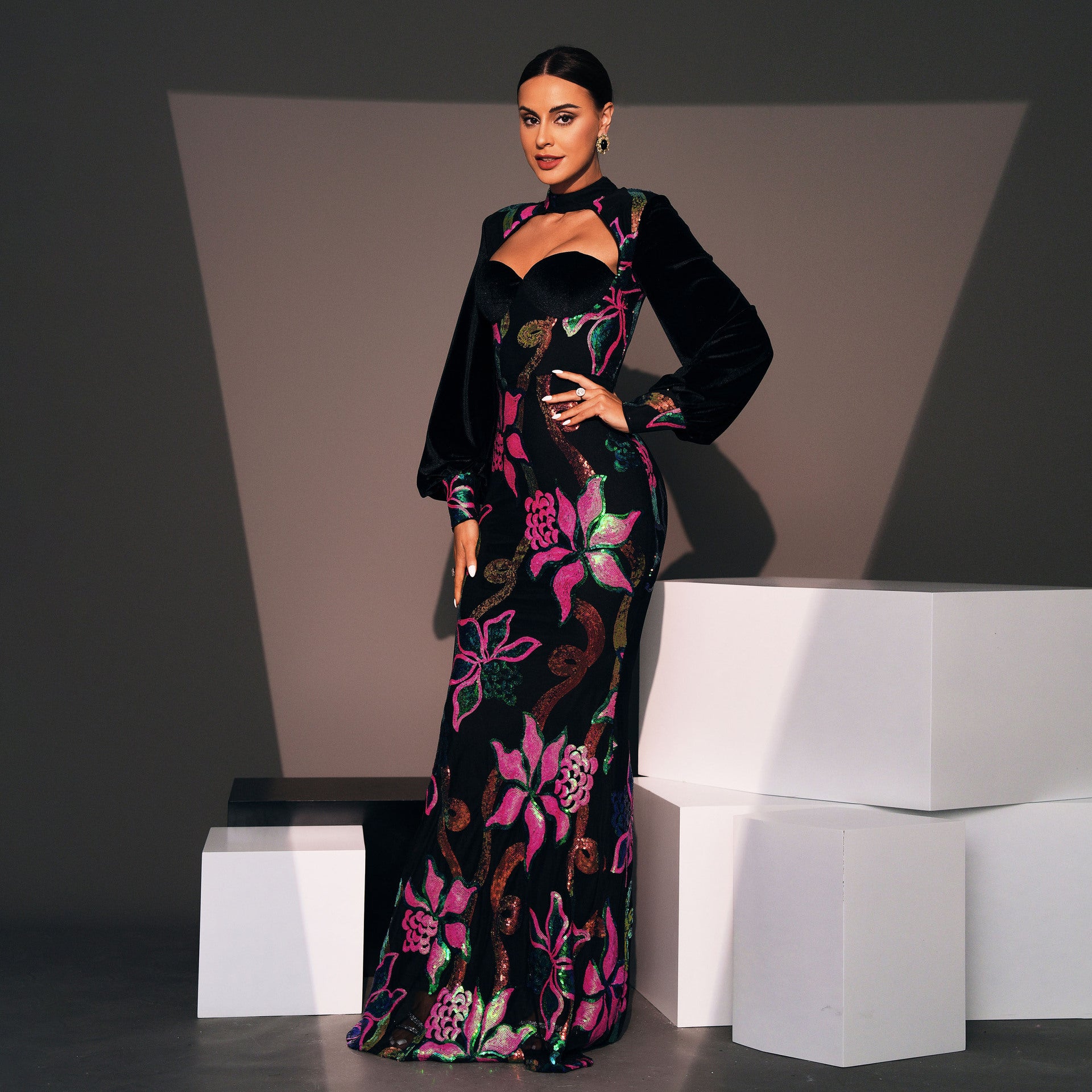 "LuxeGlow Sequined Evening Gown – Elegant & Timeless"