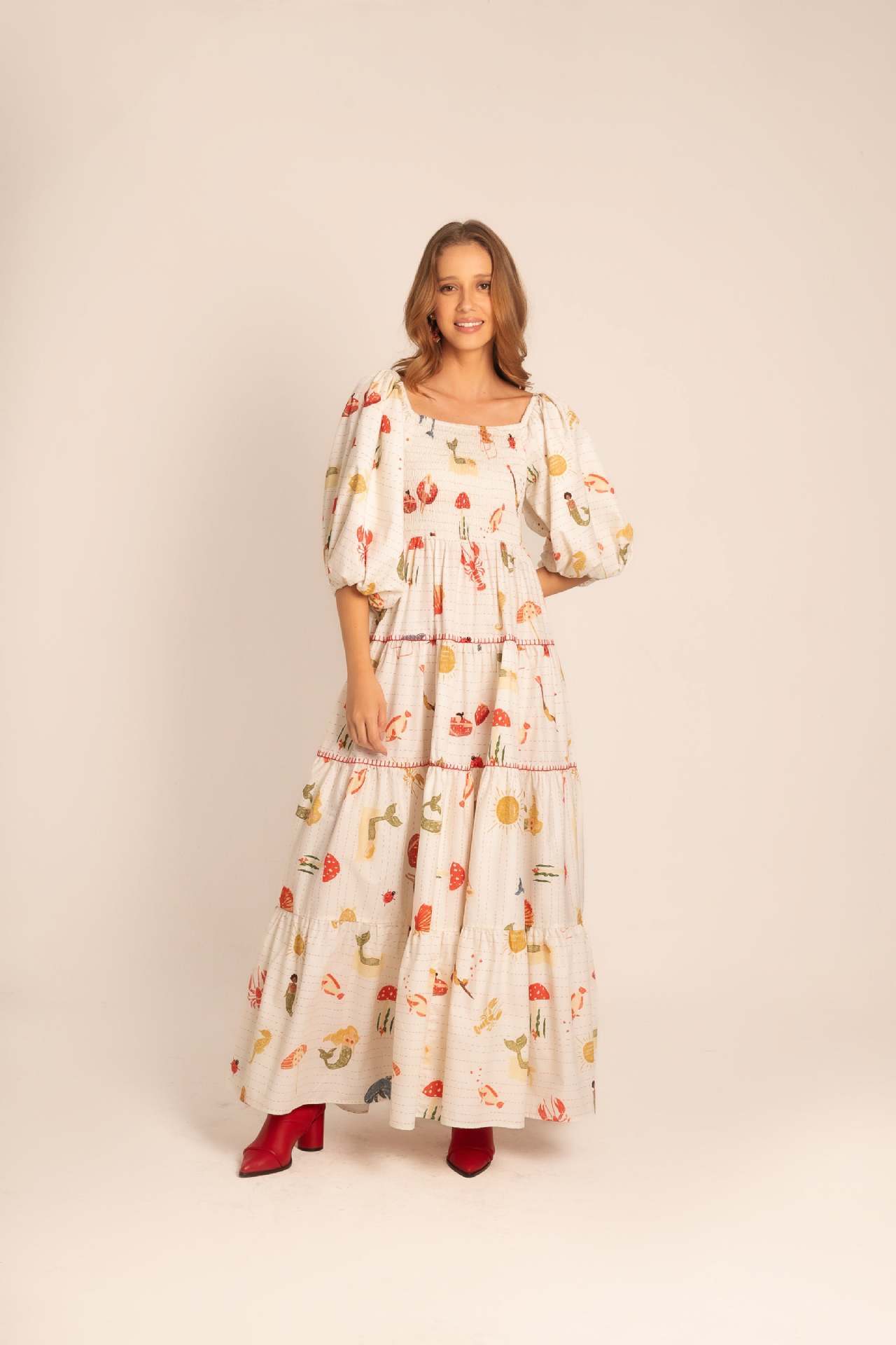Floral Puff Sleeve Swing Dress – Square Neck Beach Holiday Wear