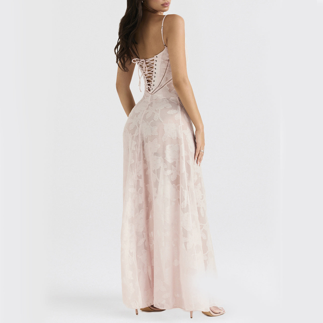 Elegant Floral Long Dress – Luxe Lace-Up Evening Gown