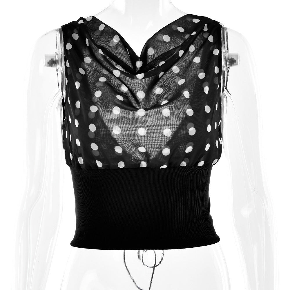 Polka Dot One-Shoulder Crop Top – Lace-Up Backless Chiffon Blouse for Women