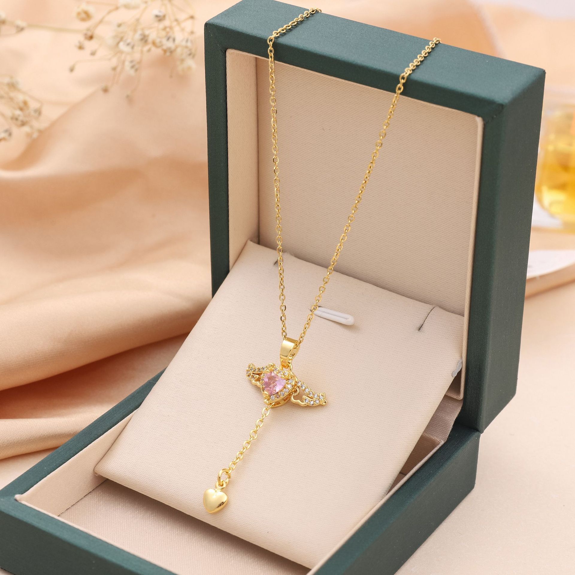 Cupid Heart Angel Wings Tassel Necklace – Romantic Crystal Pendant for Women