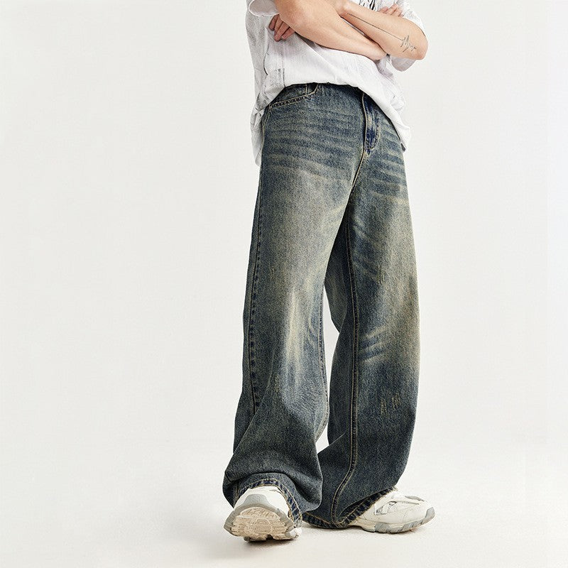 Retro Cat Beard Distressed Wide-Leg Jeans – Vintage Baggy Streetwe