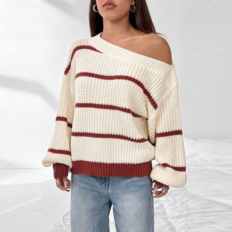 Sexy Off-Shoulder Striped Women's Sweater - Loose Chic Fit