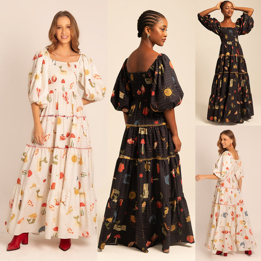 Floral Puff Sleeve Swing Dress – Square Neck Beach Holiday Wear