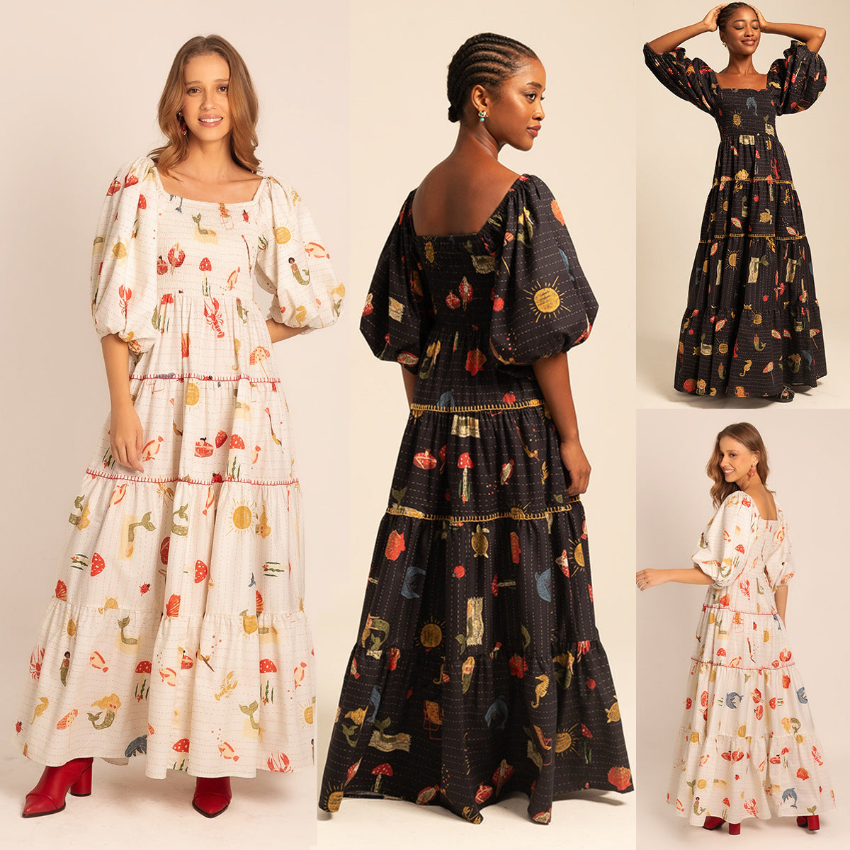 Floral Puff Sleeve Swing Dress – Square Neck Beach Holiday Wear