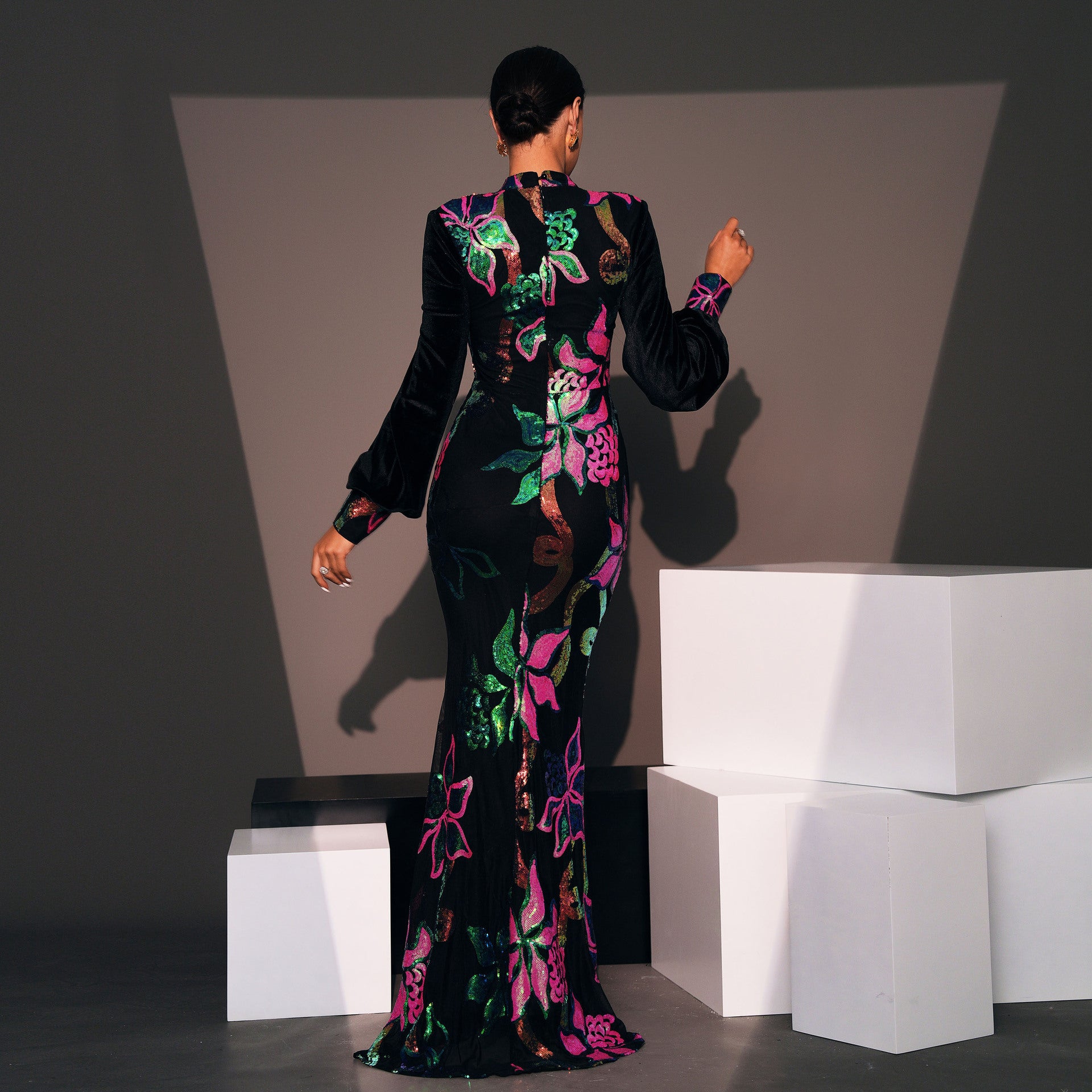 "LuxeGlow Sequined Evening Gown – Elegant & Timeless"