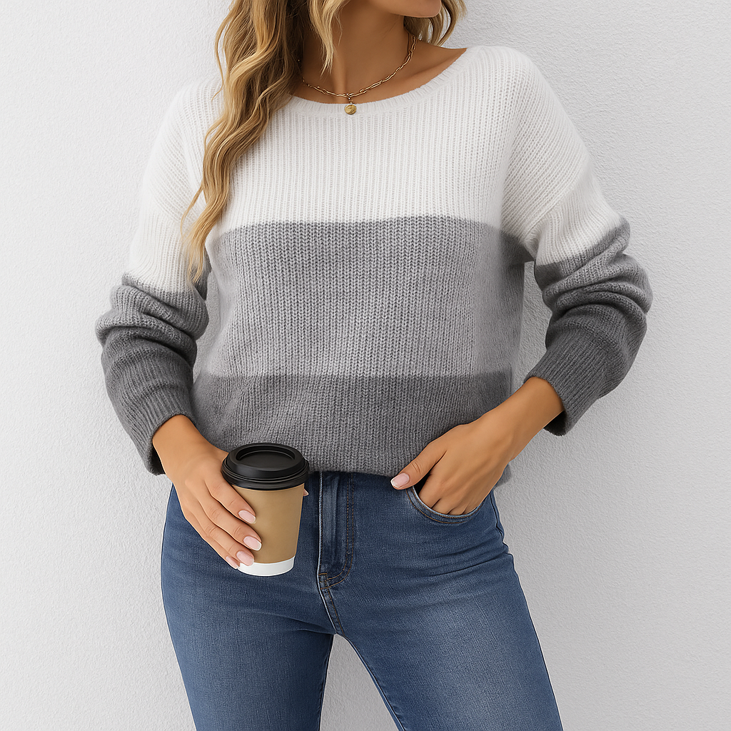 “Gray & White Contrast Pullover Sweater | Long Sleeve Knit Jumper”