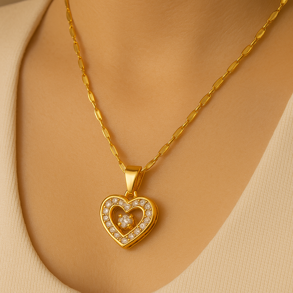 Double Layer Heart Necklace – Rhinestone Titanium Pendant for Her