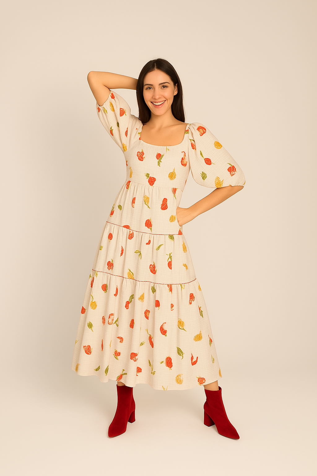 Floral Puff Sleeve Swing Dress – Square Neck Beach Holiday Wear