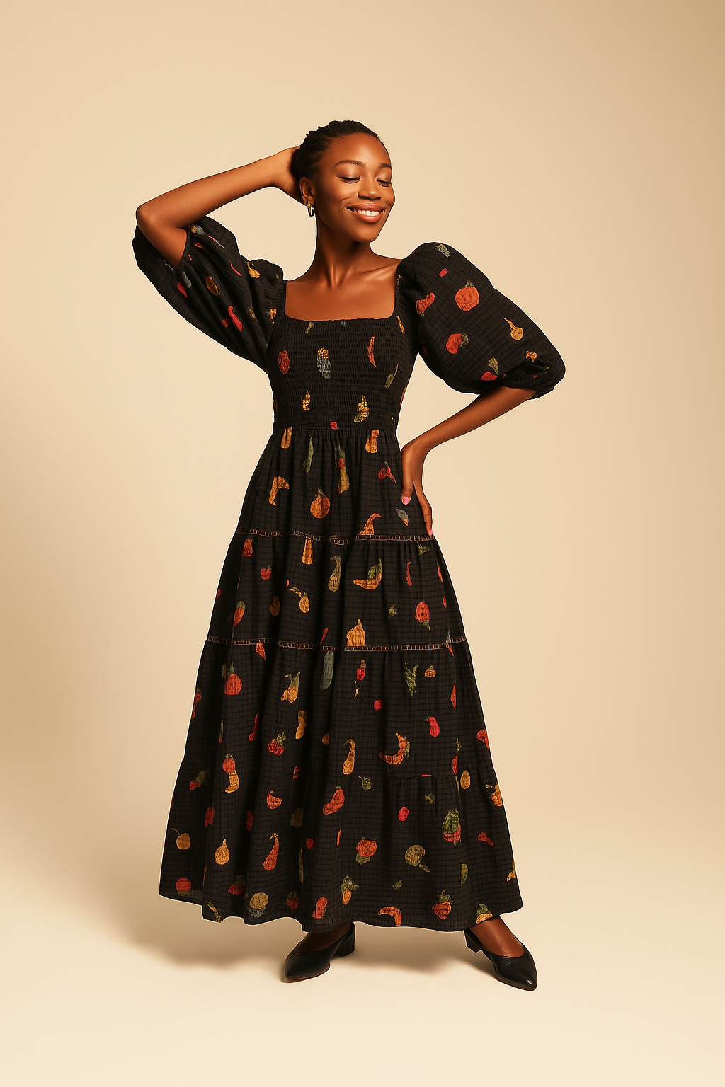 Floral Puff Sleeve Swing Dress – Square Neck Beach Holiday Wear
