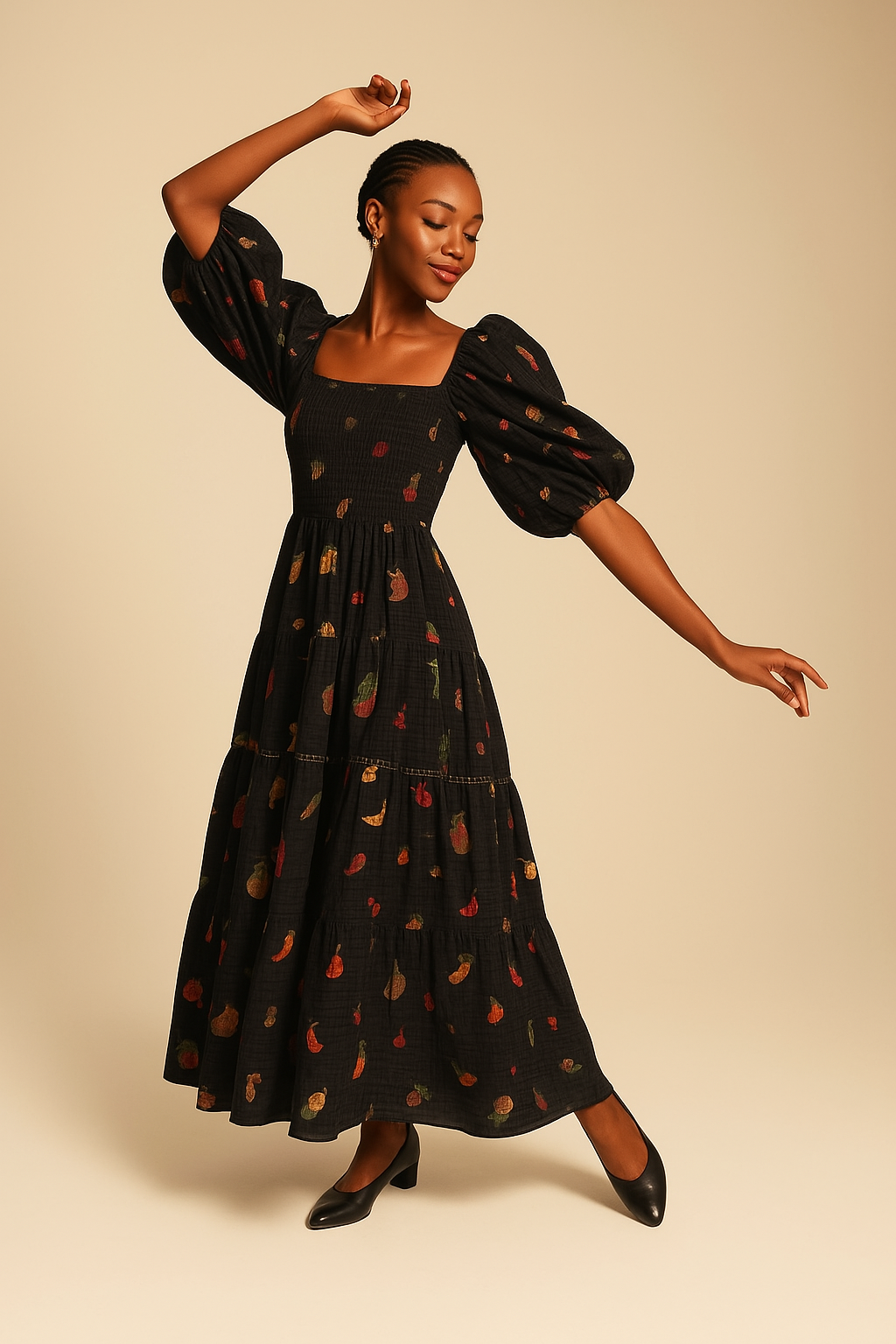 Floral Puff Sleeve Swing Dress – Square Neck Beach Holiday Wear