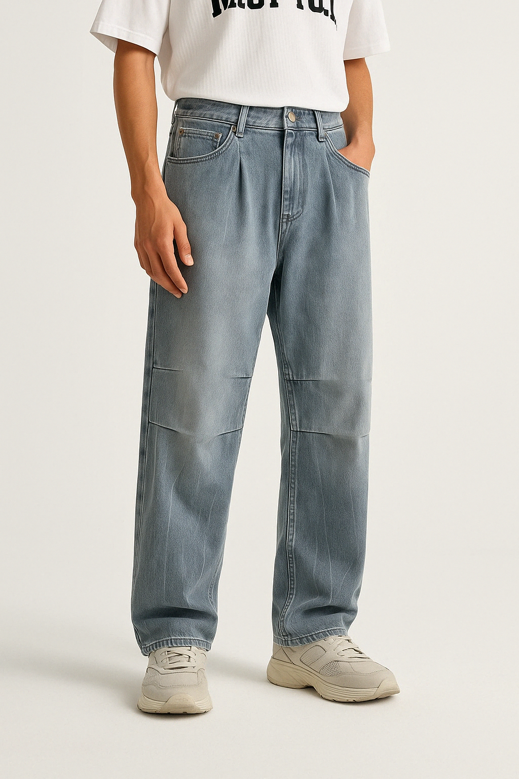Light Grey Baggy Pleated Jeans – Oversized Streetwear Denim