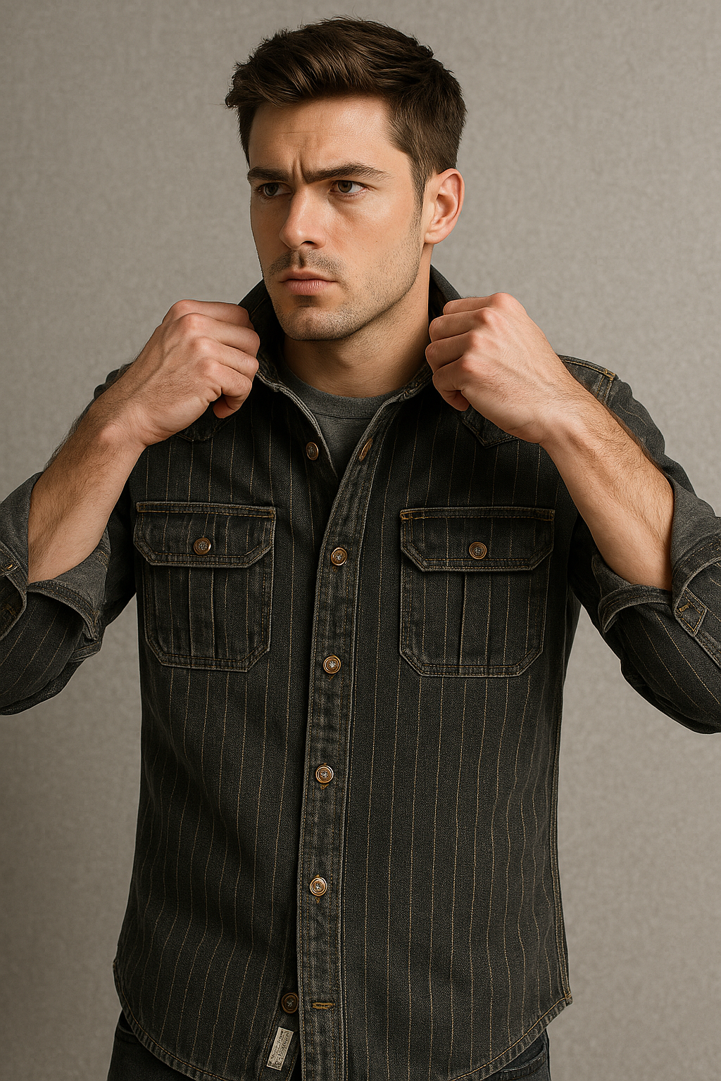 Men’s Retro Striped Denim Shirt – Black & Gray Vintage Style