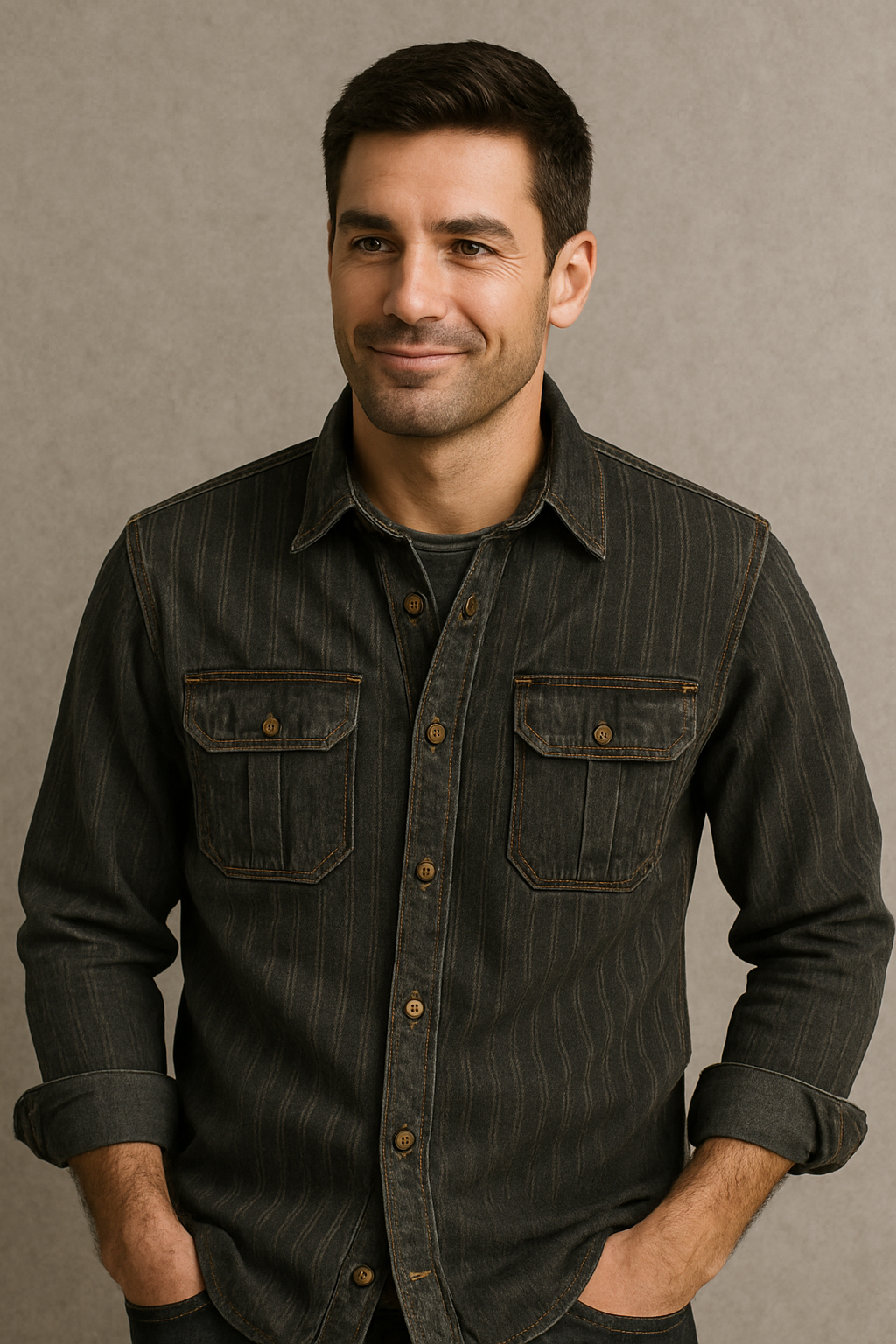 Men’s Retro Striped Denim Shirt – Black & Gray Vintage Style