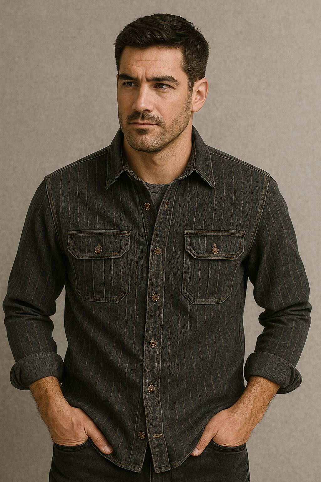 Men’s Retro Striped Denim Shirt – Black & Gray Vintage Style