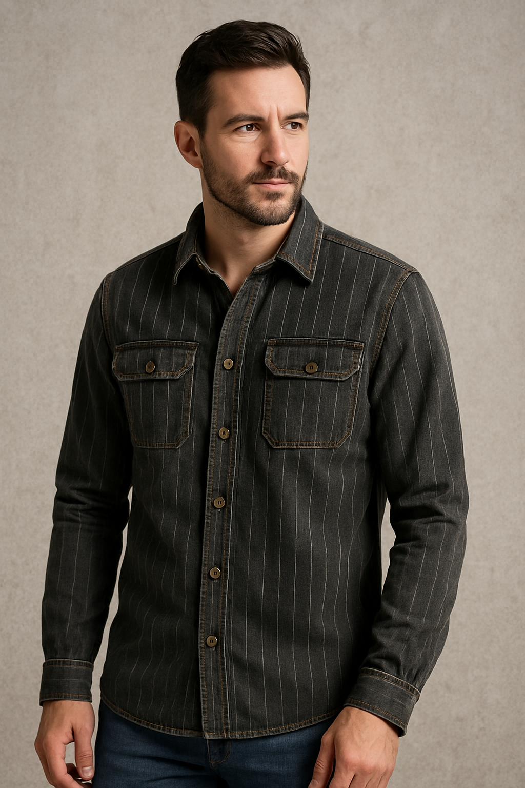 Men’s Retro Striped Denim Shirt – Black & Gray Vintage Style