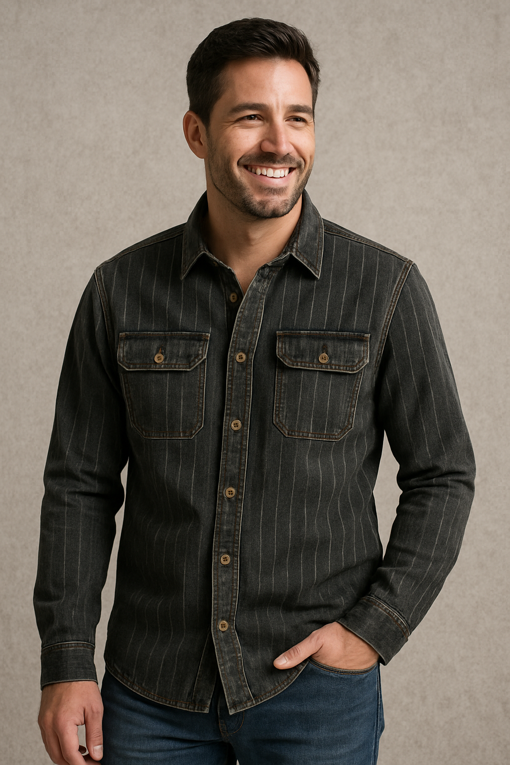 Men’s Retro Striped Denim Shirt – Black & Gray Vintage Style