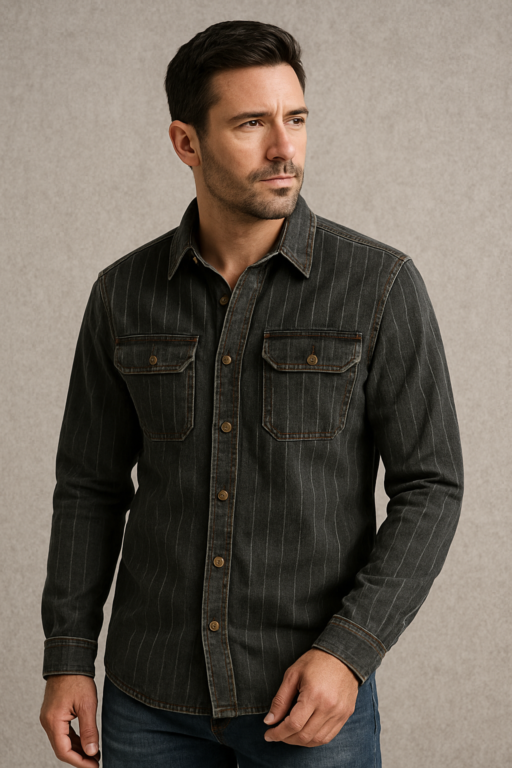 Men’s Retro Striped Denim Shirt – Black & Gray Vintage Style