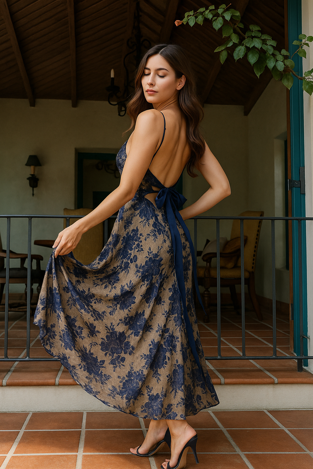Elegant Tie-Dye Long Dress – Hollow Back & Straps
