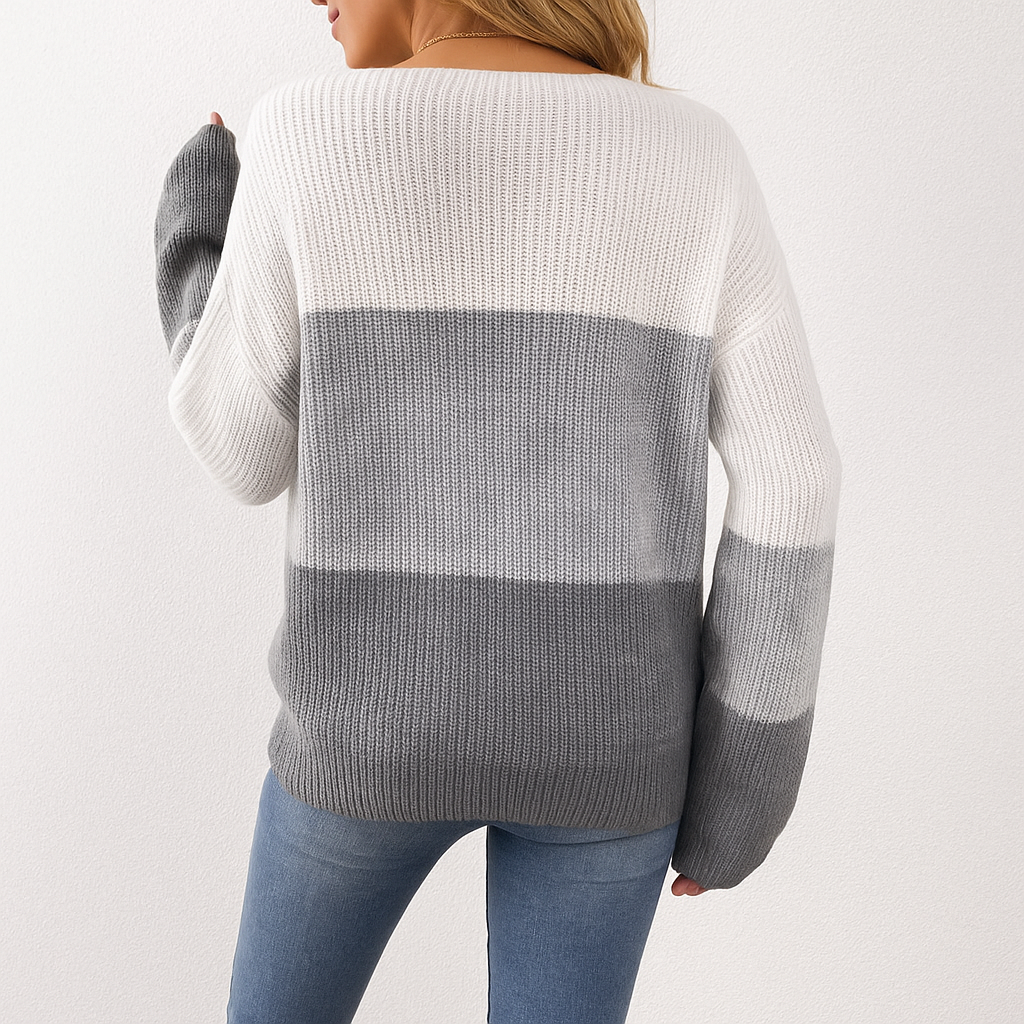 “Gray & White Contrast Pullover Sweater | Long Sleeve Knit Jumper”