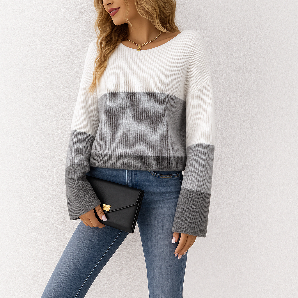 “Gray & White Contrast Pullover Sweater | Long Sleeve Knit Jumper”