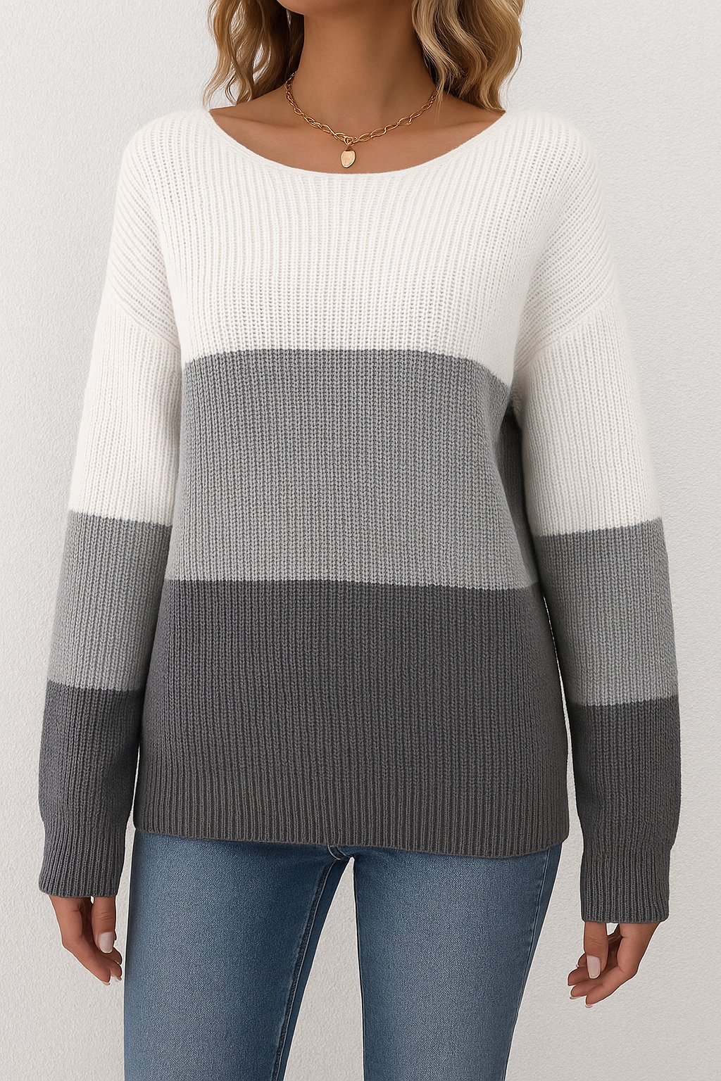 “Gray & White Contrast Pullover Sweater | Long Sleeve Knit Jumper”