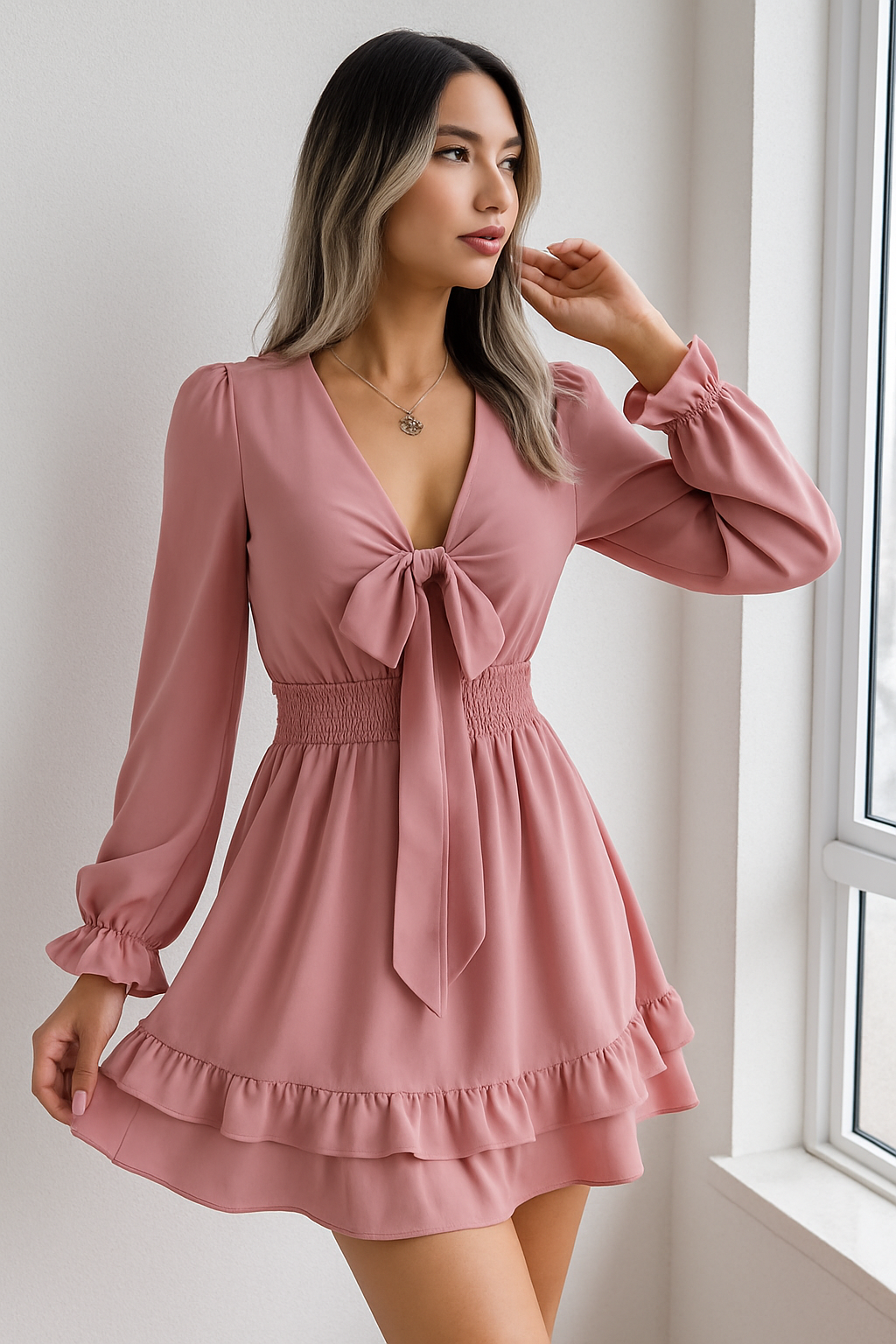 V-Neck Solid Color Lace-Up A-Line Beach Dress – Summer Long Sleeve