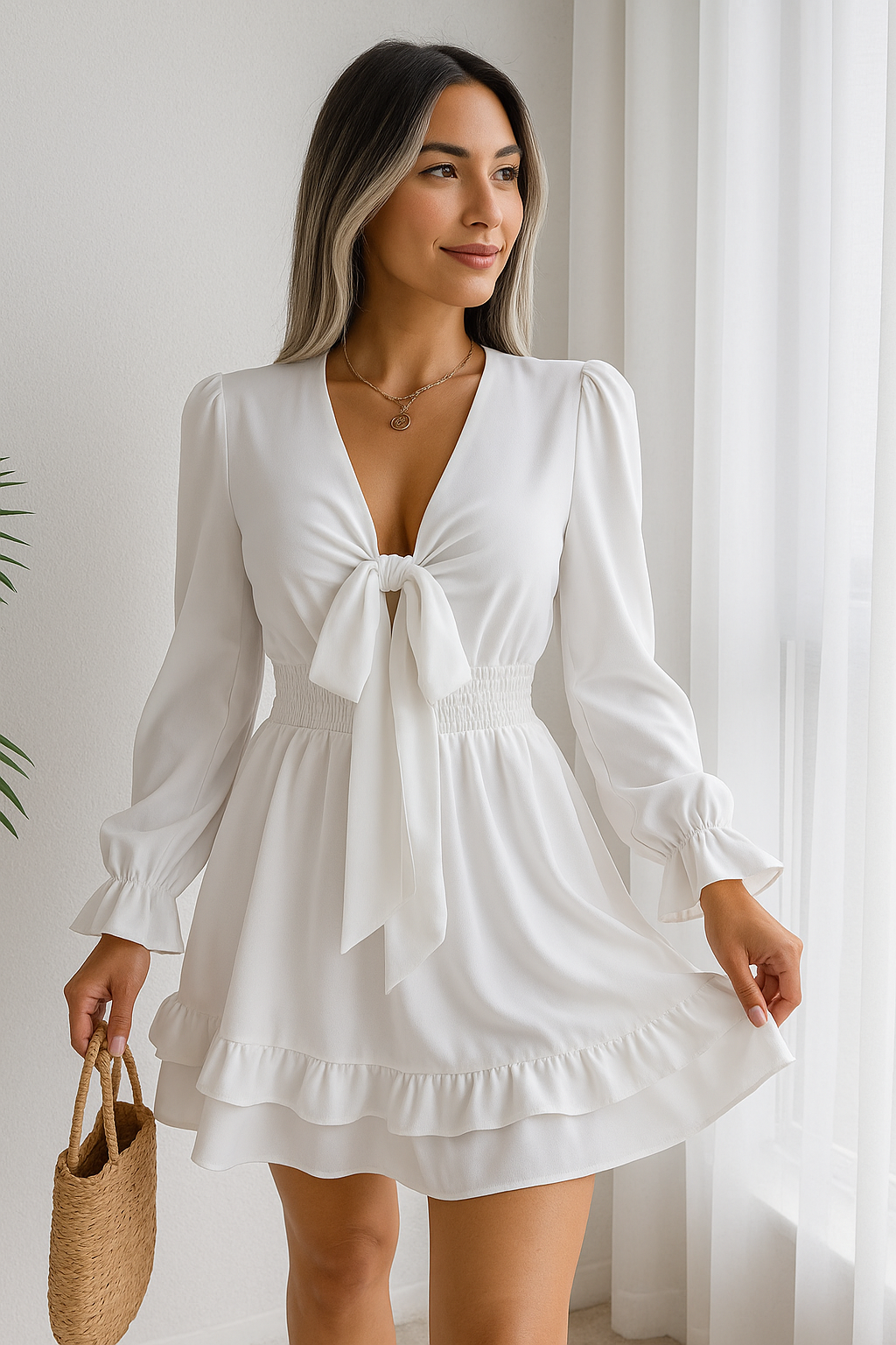 V-Neck Solid Color Lace-Up A-Line Beach Dress – Summer Long Sleeve