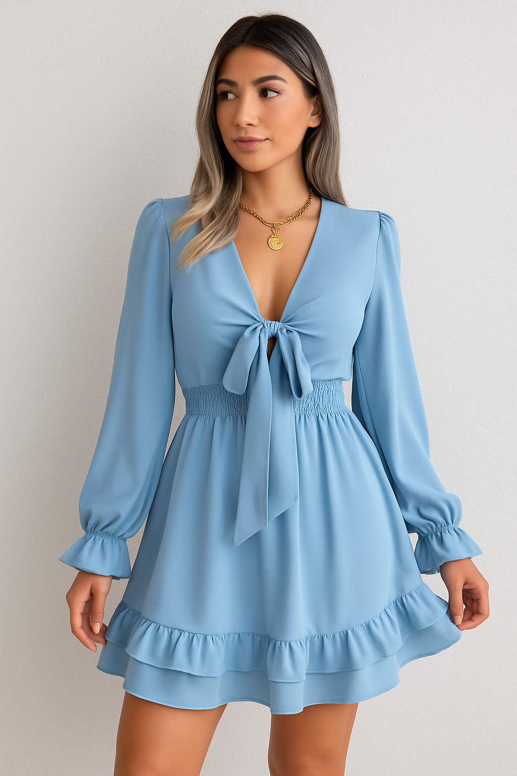 V-Neck Solid Color Lace-Up A-Line Beach Dress – Summer Long Sleeve