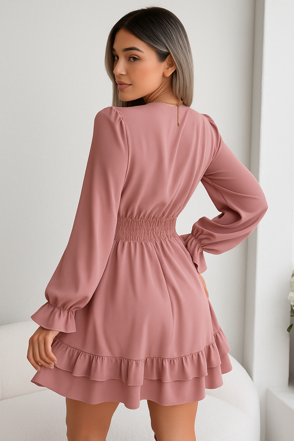 V-Neck Solid Color Lace-Up A-Line Beach Dress – Summer Long Sleeve