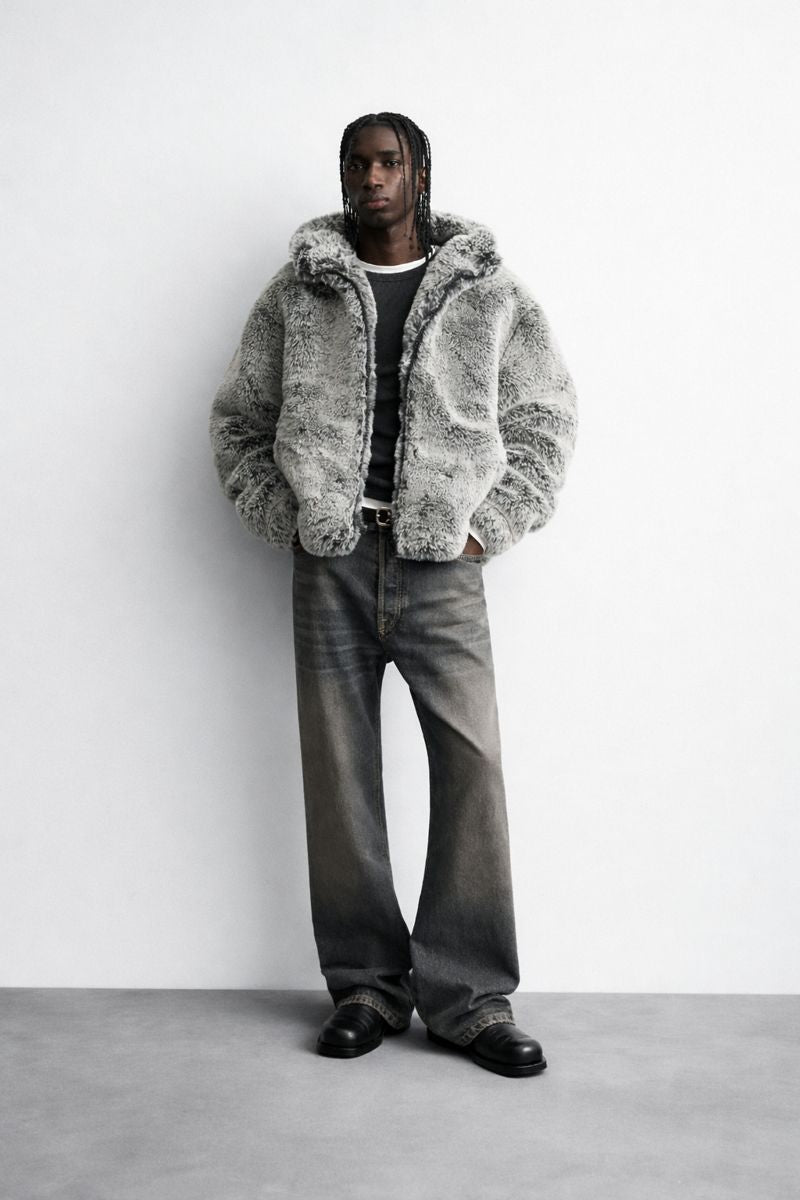 Men's Oversized Hooded Faux Fur Jacket - Luxe Gray Winter Streetwear Coat