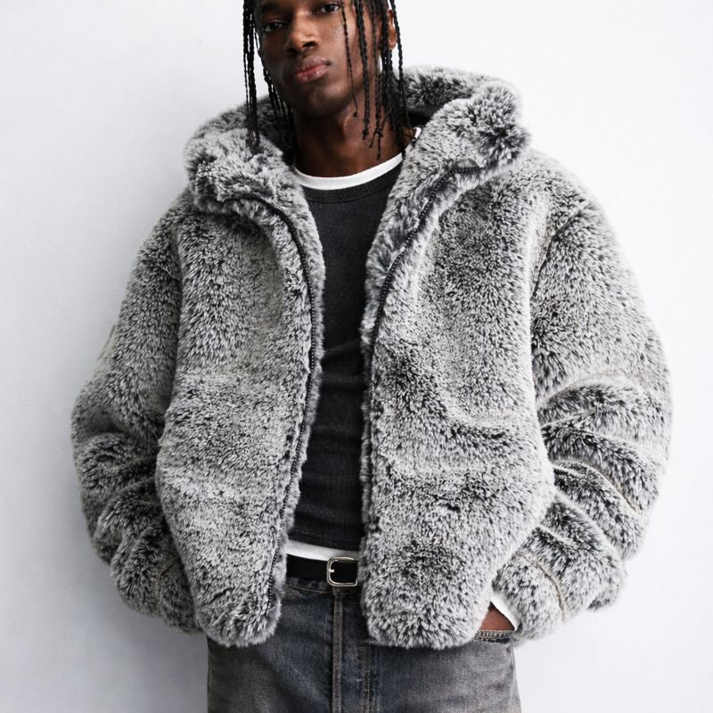 Men's Oversized Hooded Faux Fur Jacket - Luxe Gray Winter Streetwear Coat