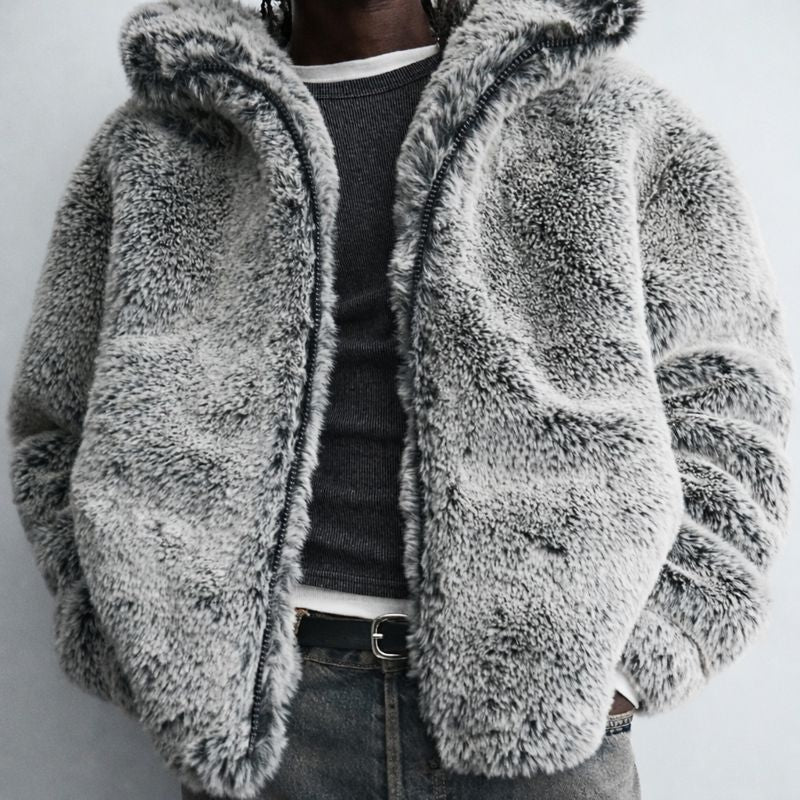 Men's Oversized Hooded Faux Fur Jacket - Luxe Gray Winter Streetwear Coat