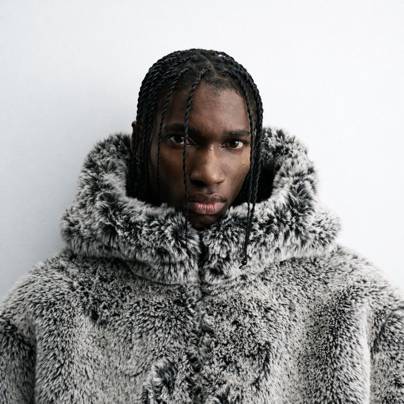 Men's Oversized Hooded Faux Fur Jacket - Luxe Gray Winter Streetwear Coat