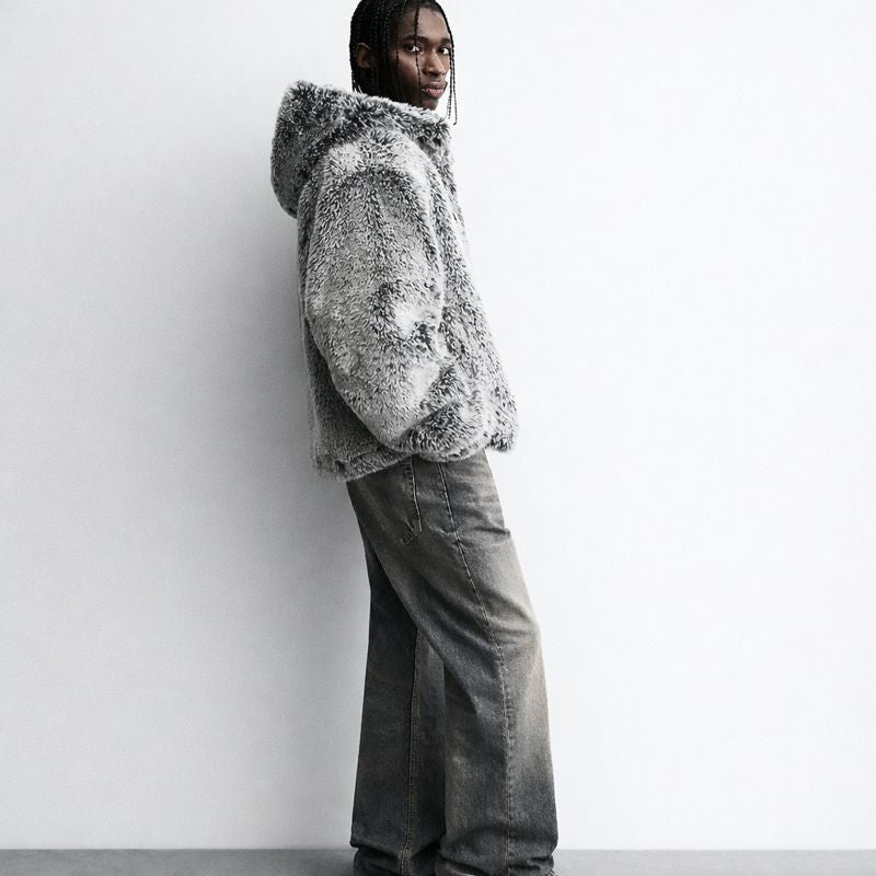 Men's Oversized Hooded Faux Fur Jacket - Luxe Gray Winter Streetwear Coat