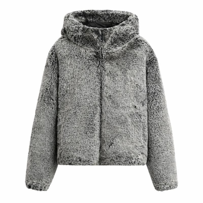 Men's Oversized Hooded Faux Fur Jacket - Luxe Gray Winter Streetwear Coat