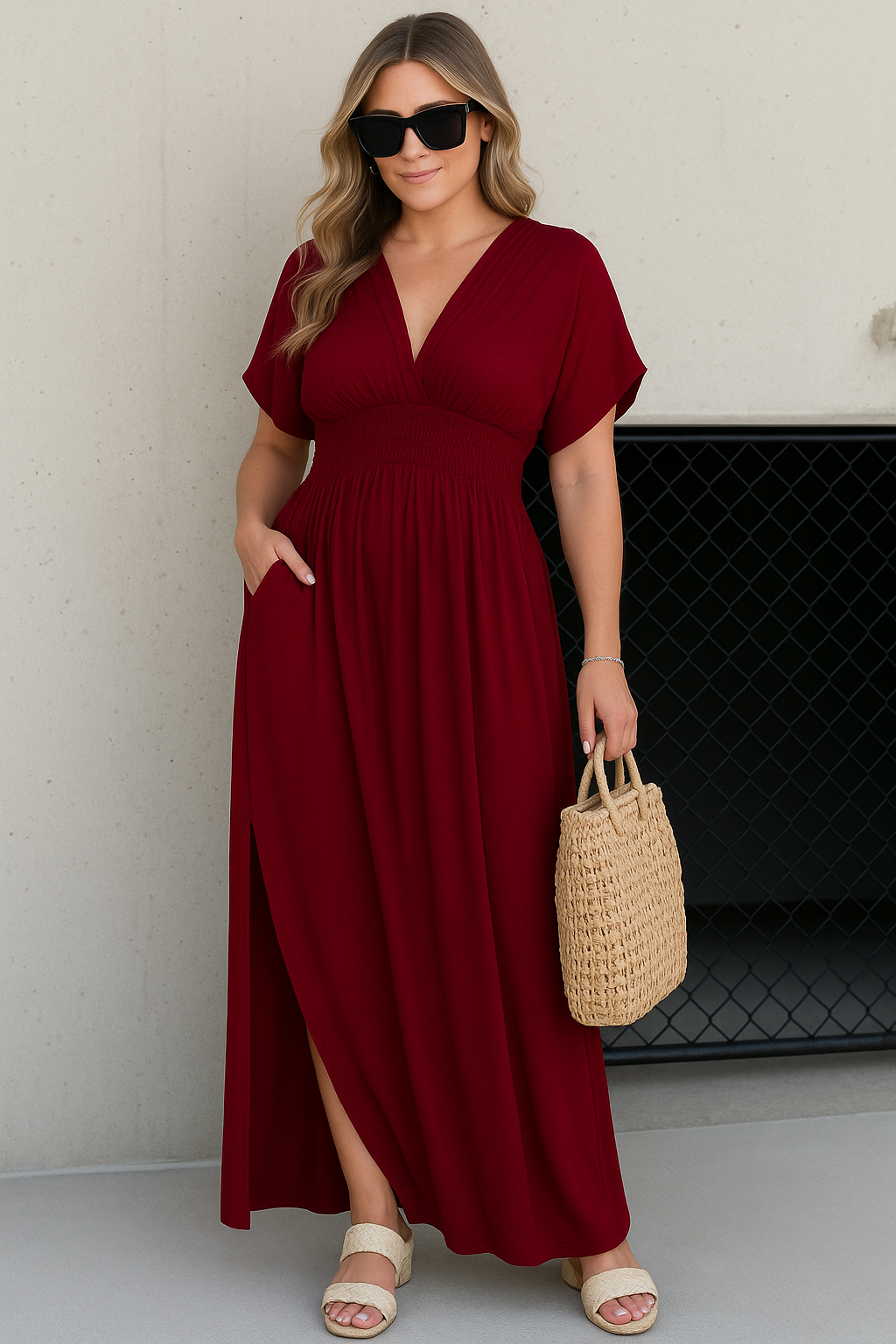 Summer Bat Sleeve V-Neck Slit Maxi Dress | Elegant & Flowy Women's Dress