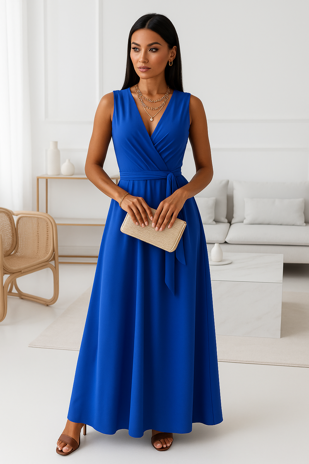 V-neck Sleeveless Dress With Belt Summer Fashion Party Club Evening Maxi Dresses For Women Clothing