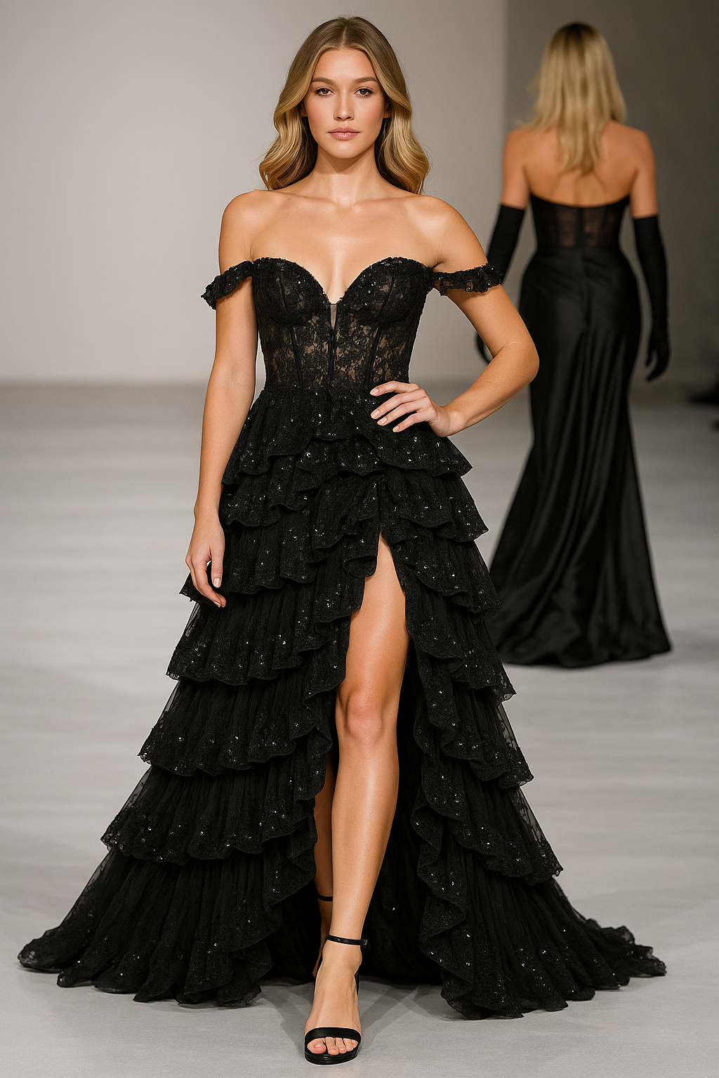 French Black Satin Banquet Dress – Luxury Evening Gown